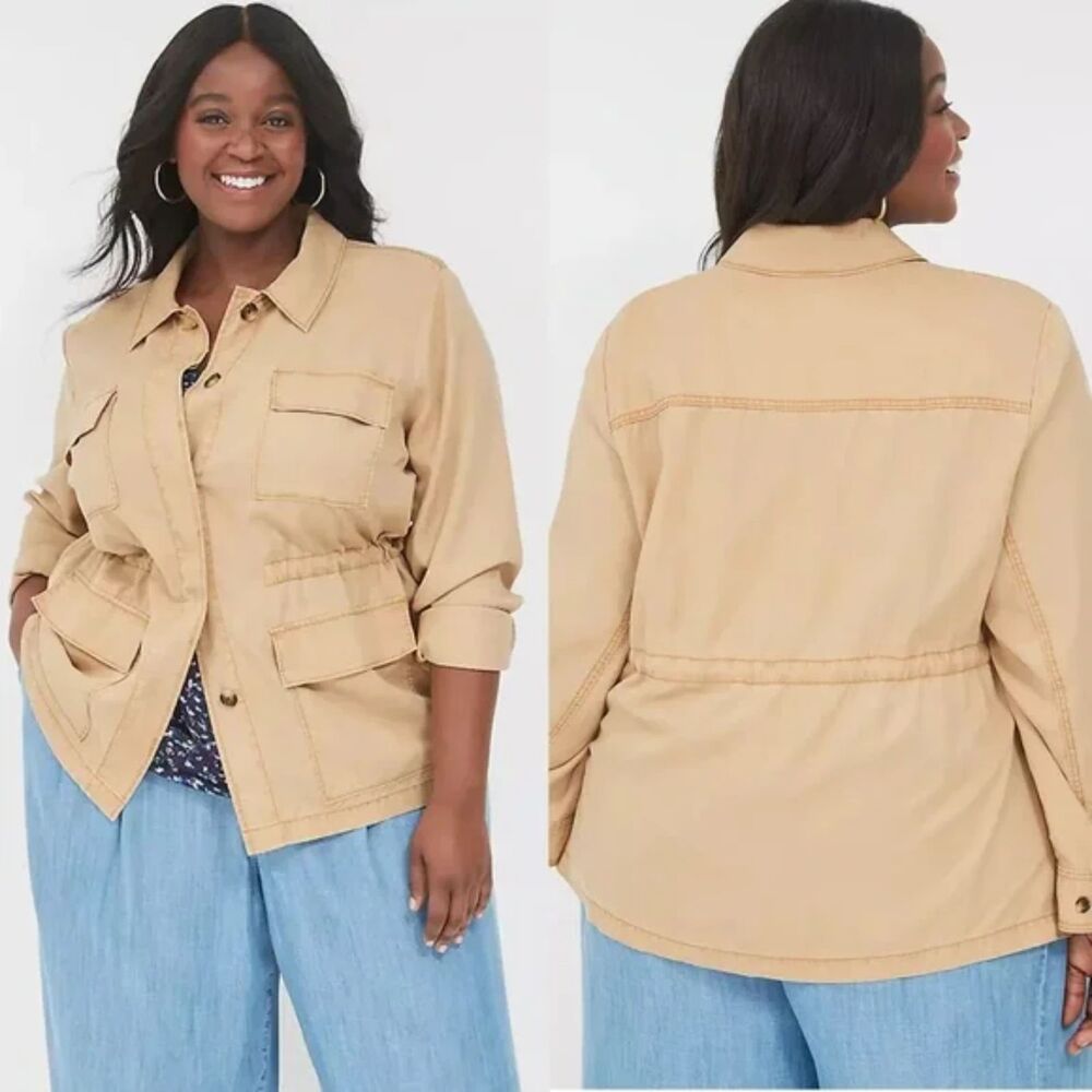 Lane Bryant Tencel Twill Cargo Military Utility Jacket Tan Plus Size: 14/16 NWOT - Picture 1 of 9